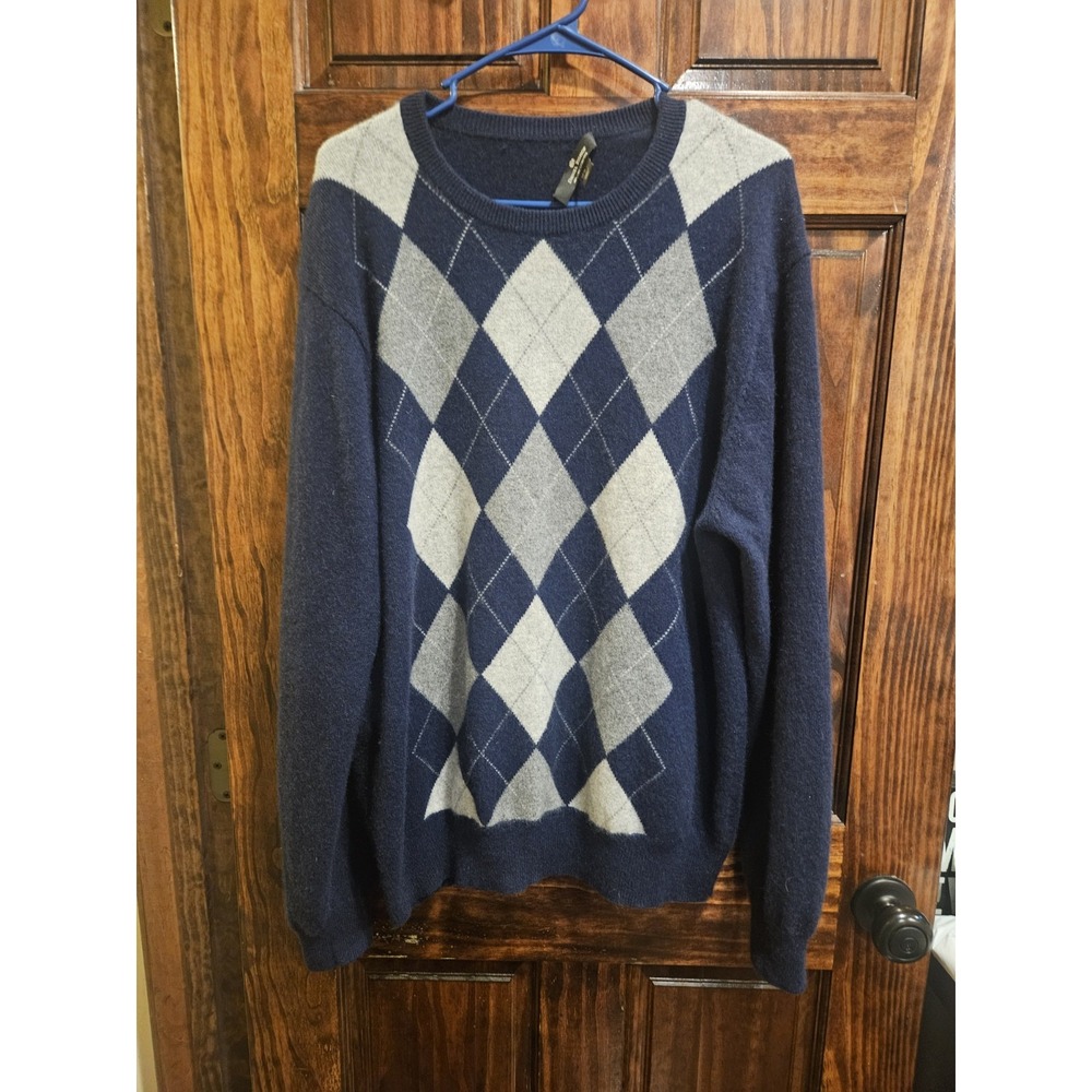 Daniel Bishop Men XL Blue 100% Cashmere 2 Ply Argyle Geometric Pullover Sweater